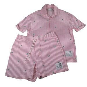Sergio Tacchini Set Men’s Pink White Shorts Button Up Seersucker Tennis
